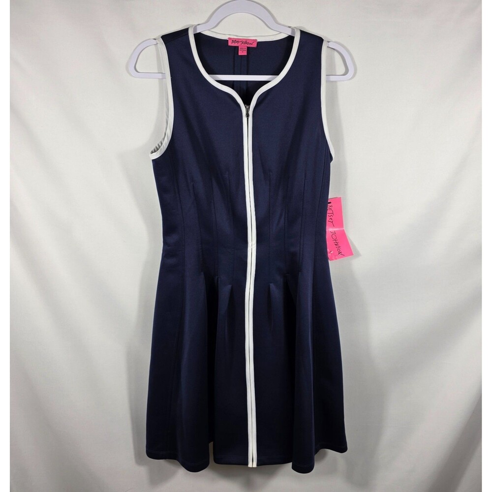 Betsey Johnson Navy Blue Dress Size 6 Full-Length Front Zipper White Piping Trim